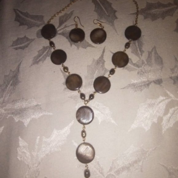 Brown 16" Round Glass Bead Chain w/ 4" Attached Glass Bead Drop & Earring Set - Picture 4 of 6